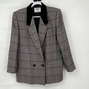 vintage kasper 90s wool blend velvet trim plaid blazer